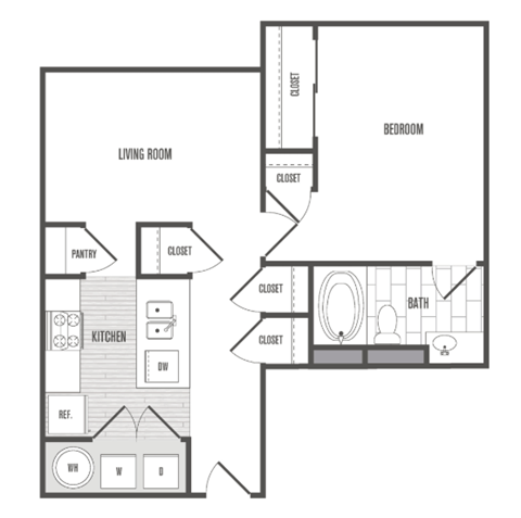 A floor plan of a small apartment with a living room, kitchen, bathroom, and bedroom.